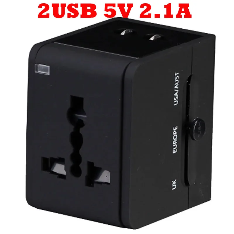 thumbnail image 1 of Adaptador de viaje Universal 1A 2.1A Dual USB, enchufe EU US AU UK, adaptador de enchufe convertidor multifunción, cargador USB fusionado, blanco y negro, 1 of 5