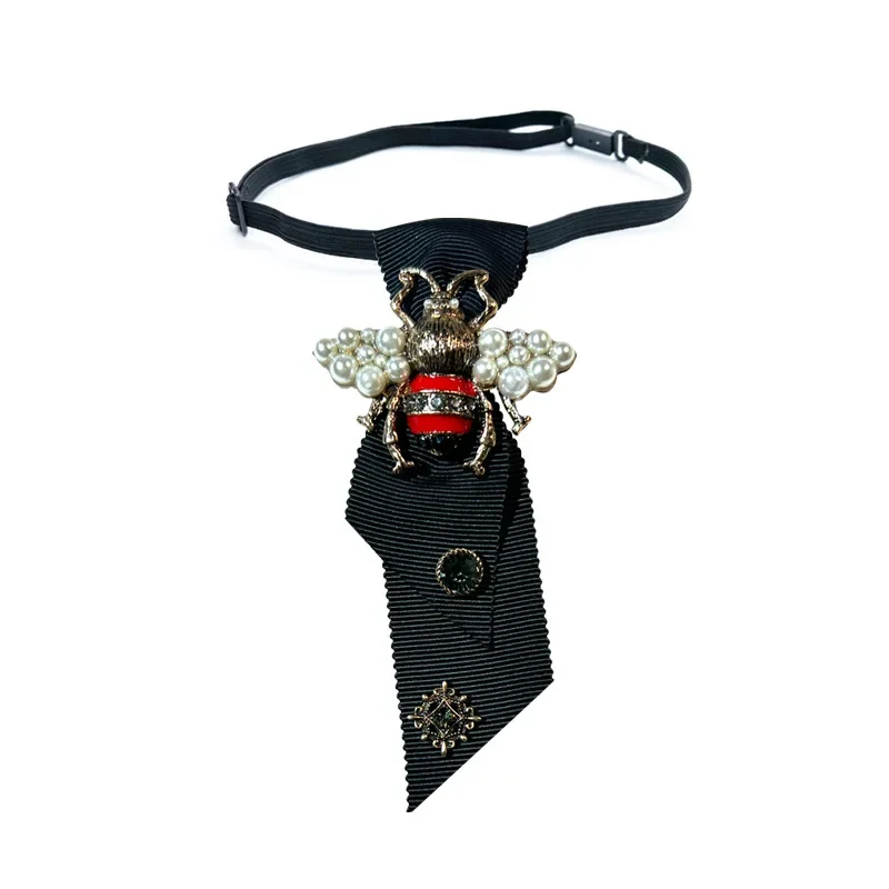 British Style Rhinestone Pearl Bee Tie Fabric Bowties Ties Clothing Short Necktie Shirt Collar for Men and Women Accessories