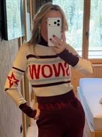 Ski Wear Knit Short Sweater Women Letter Contrast Color Snow O-neck Long Sleeve Female Pullover 2026 Spring Street Striped Top