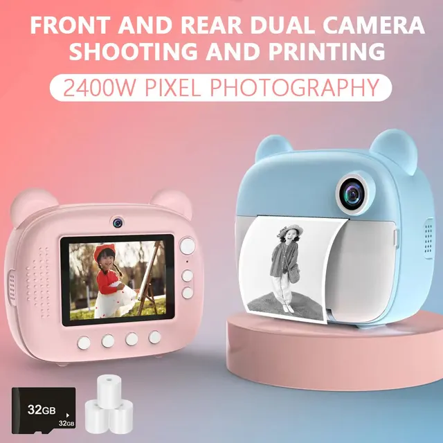 Cámara Digital de impresión instantánea para niños, cámara de impresión térmica, cámara de fotos instantánea, juguetes de Video + tarjeta de memoria de 32G