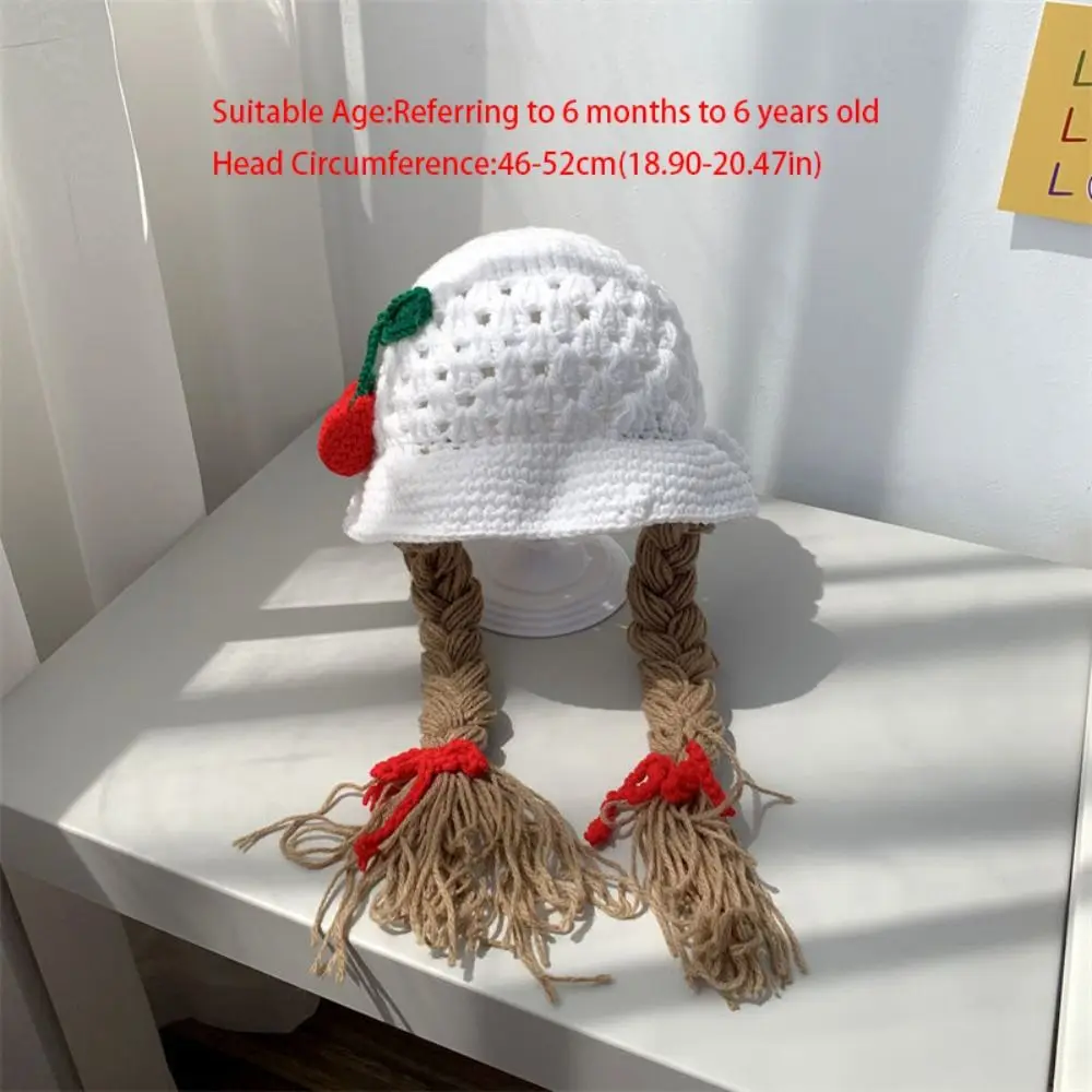 Fashion Cartoon Wig Knitted Hat Cherry Bow Baby Beanie Cap Wool Crochet Kids Warm Hats Outdoor