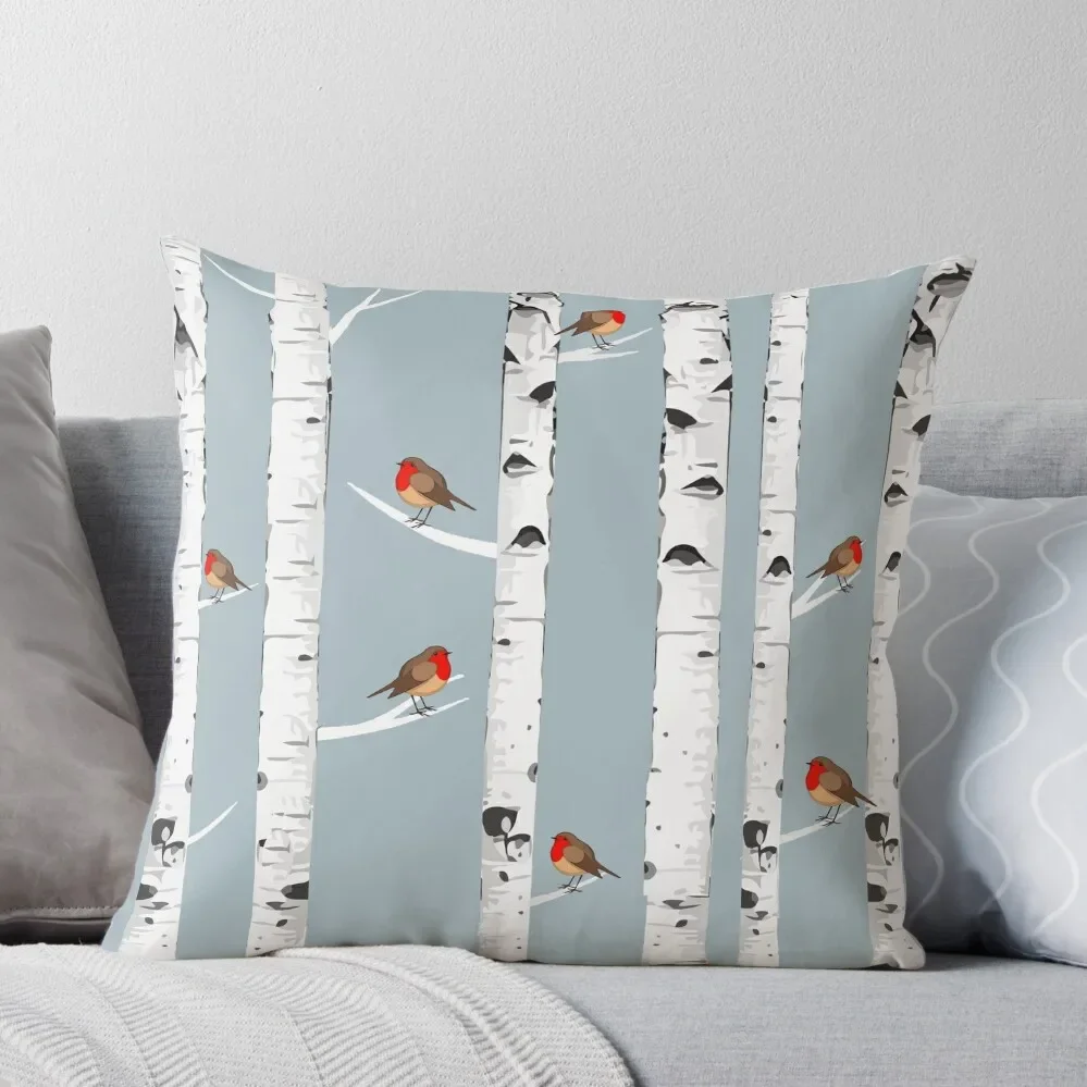 

Birch trees forest and robin bird, this is redbreast in winter forest, perfect for natura lovers Throw Pillow