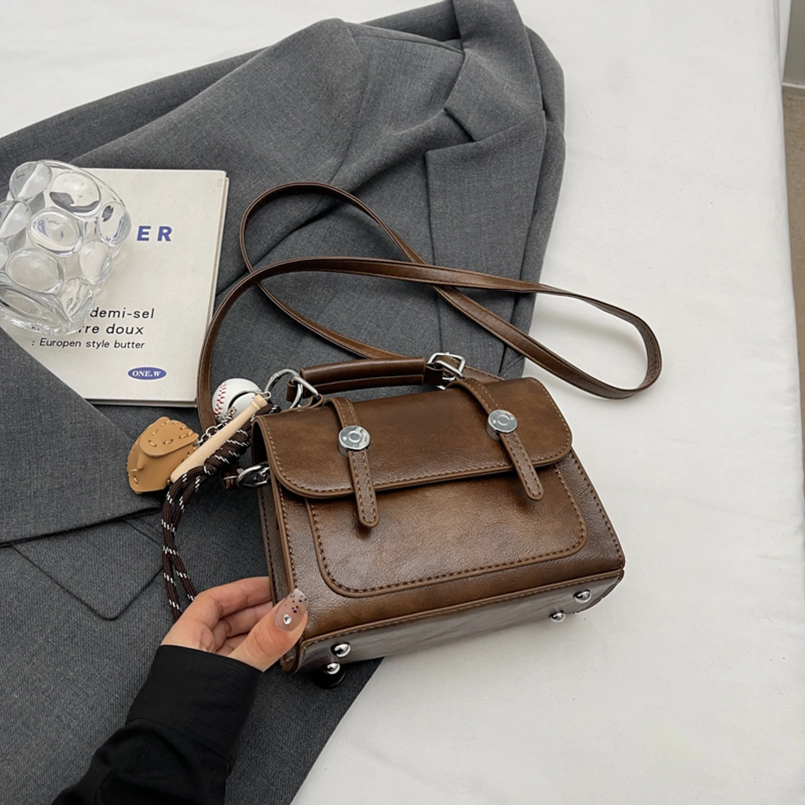 PU Leather Crossbody Bag with Pendant Backpack Fashion Square Bag for Women Work Shopping Travel