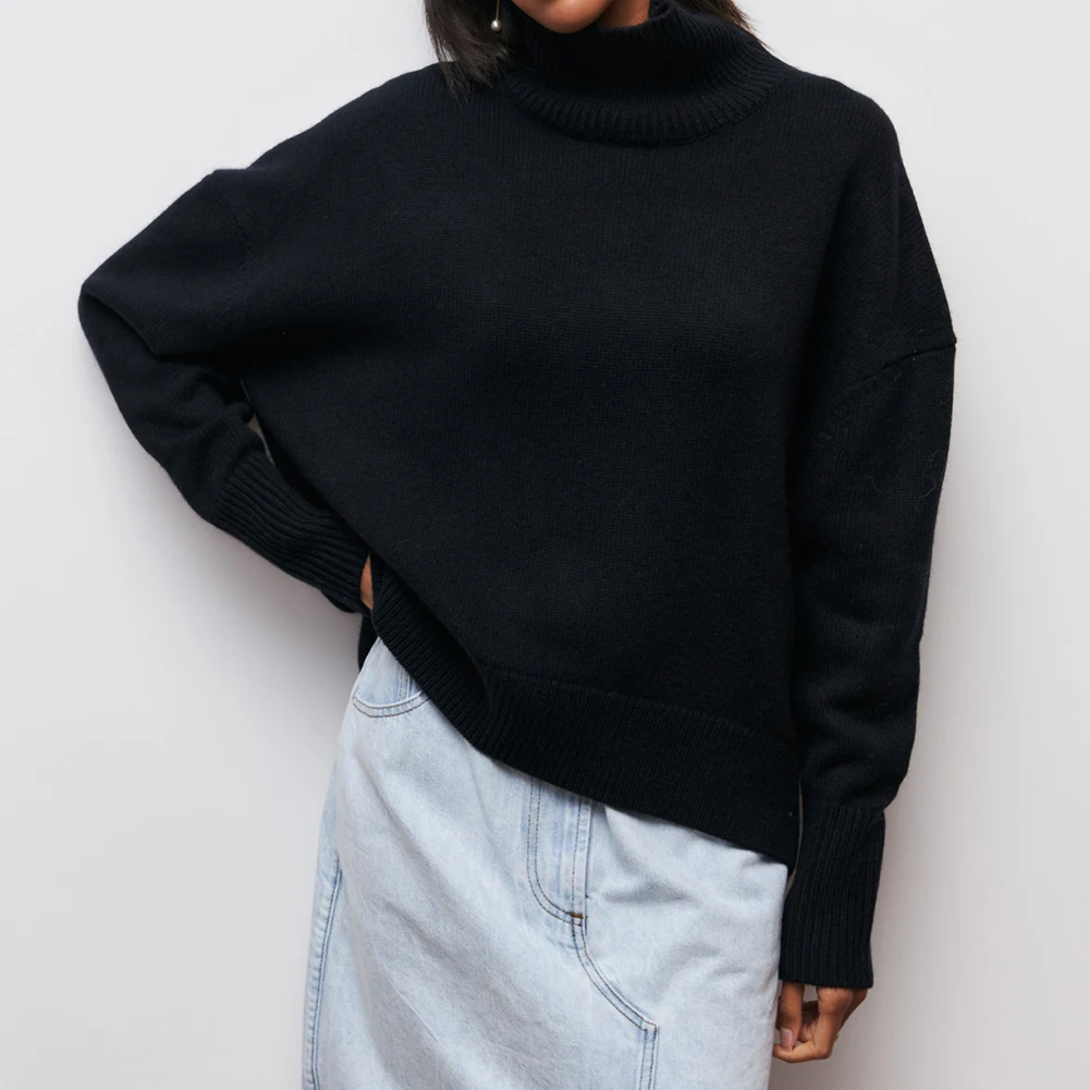 

Casual Turtleneck Knit Sweater For Women Batwing Long Sleeve Solid Color Loose Pullovers Top Jumper Sweaters Female Clothing