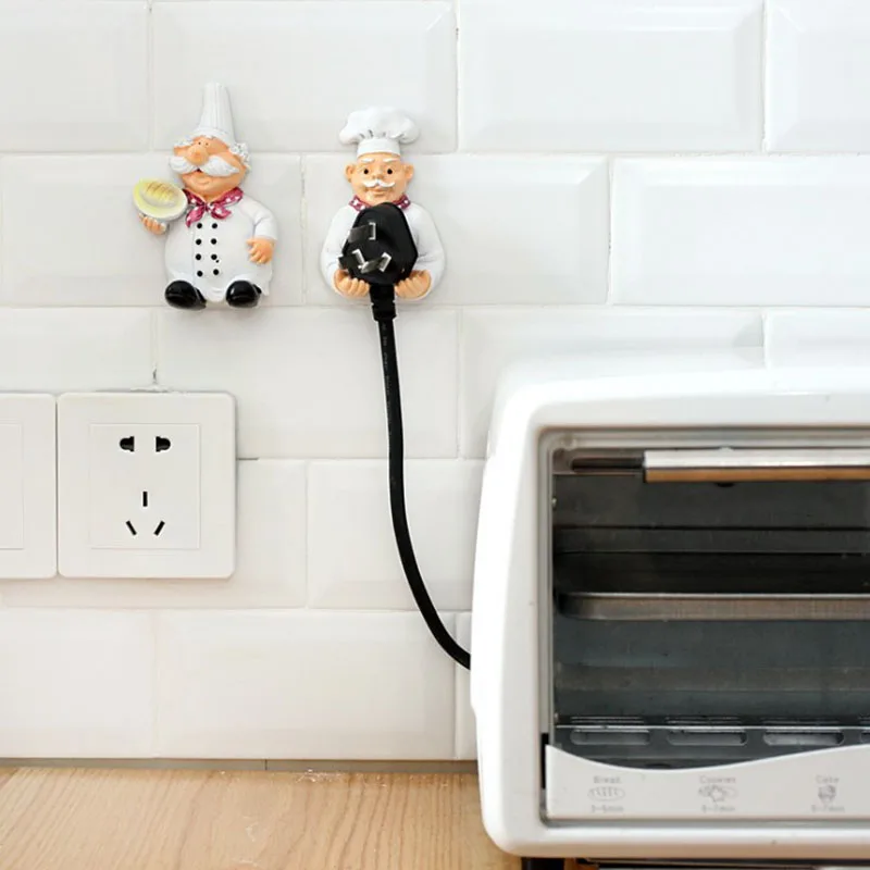 Creative Self Adhesive Resin Cartoon Chef Plug Holder Power Cord Socket Hanger Organizer Wall Hanging HookKitchen Hooks Gadgets 5