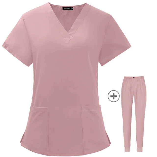 Operating Room Medical Uniforms Women Scrubs Clothes Sleeve V-Neck Workers T-Shirt Tops Summer Uniformes  Medical Accessories Pink