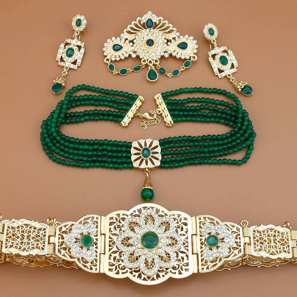 Sunspicems Arabic Bride Jewelry Sets For Women Gold Color Bead Pearl Choker Necklace Caftan Waist Belt Earring Morocco Brooch