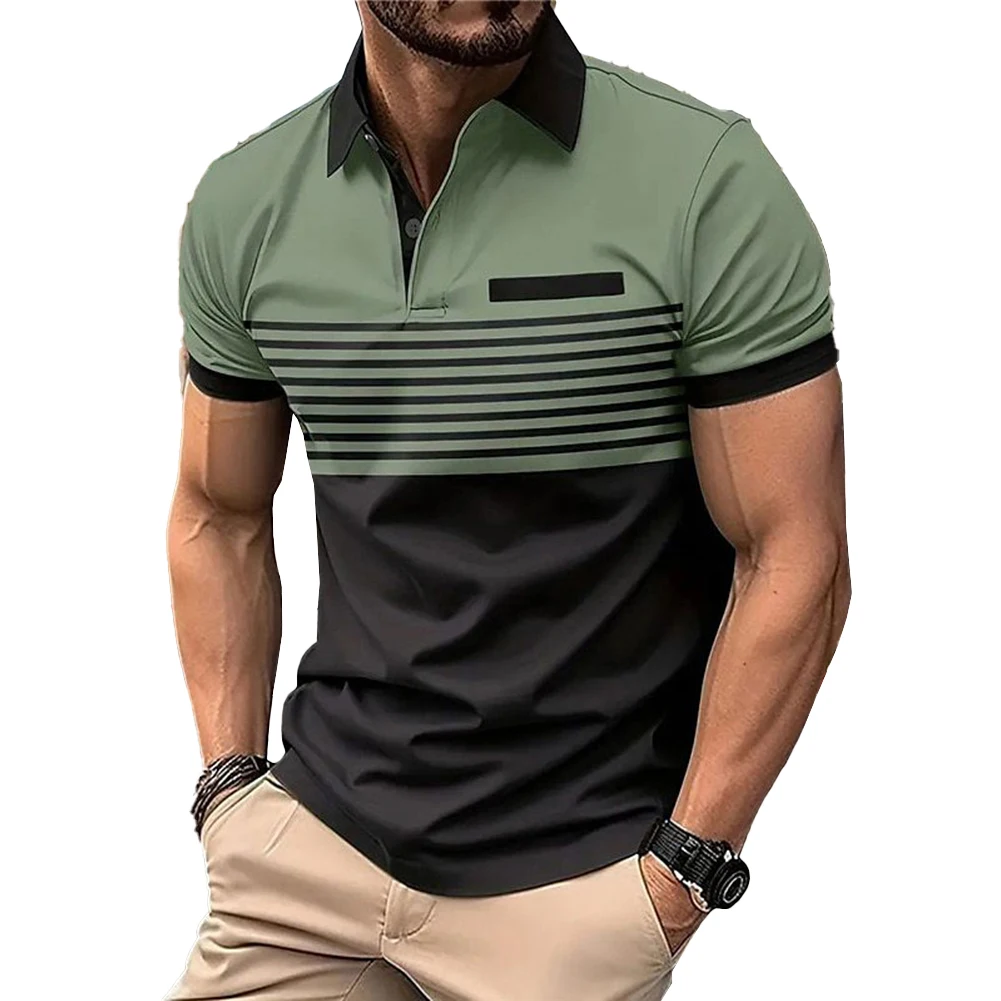 

For Men Men Tops Tops Blouse Button Collar Mens Muscle Office Shirt Short Sleeve Sport Stripe T Shirt Tee Fashion