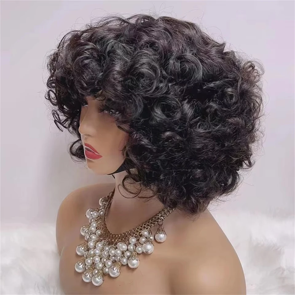 Glueless Bouncy Curly Human Hair Wigs Big Curly Bob Wigs with Bangs Short Rose Curly Brazilian Virgin Human Hair Wig For Women