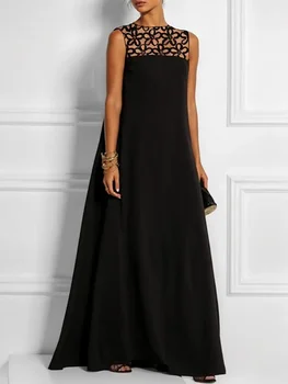 UOOZEE Female Vintage Hollow Solid Color Party Evening Dresses Summer Sleeveless Loose V Back Elegant Black Dress 2025 New 1