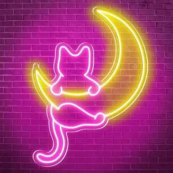 Cat on Moon LED Neon Sign – Cute Wall Decor