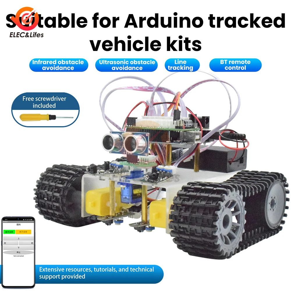 Détail du châssis de tank du Kit Robot Tank RC Arduino Uno, avec les moteurs, les capteurs ultrason et le module Bluetooth pour le suivi.