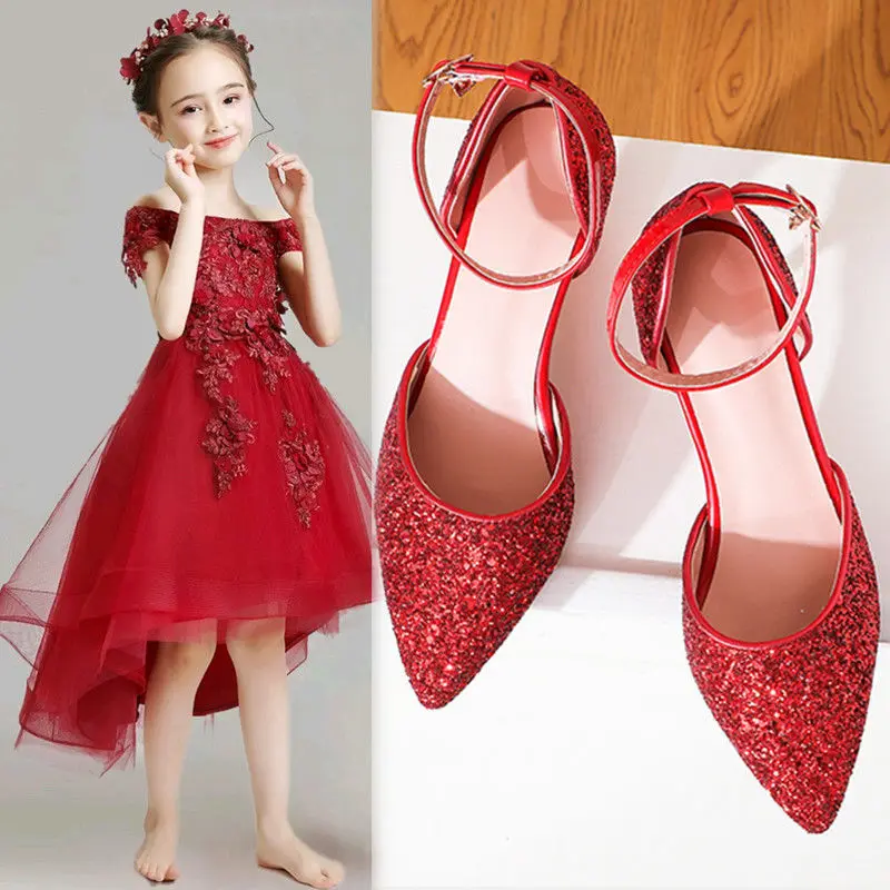 

Real Photos Sequin Children High Heels Catwalk Party Girls Performance Shoes Pointed Toe Big Girl Show Dress Shoes 4CM
