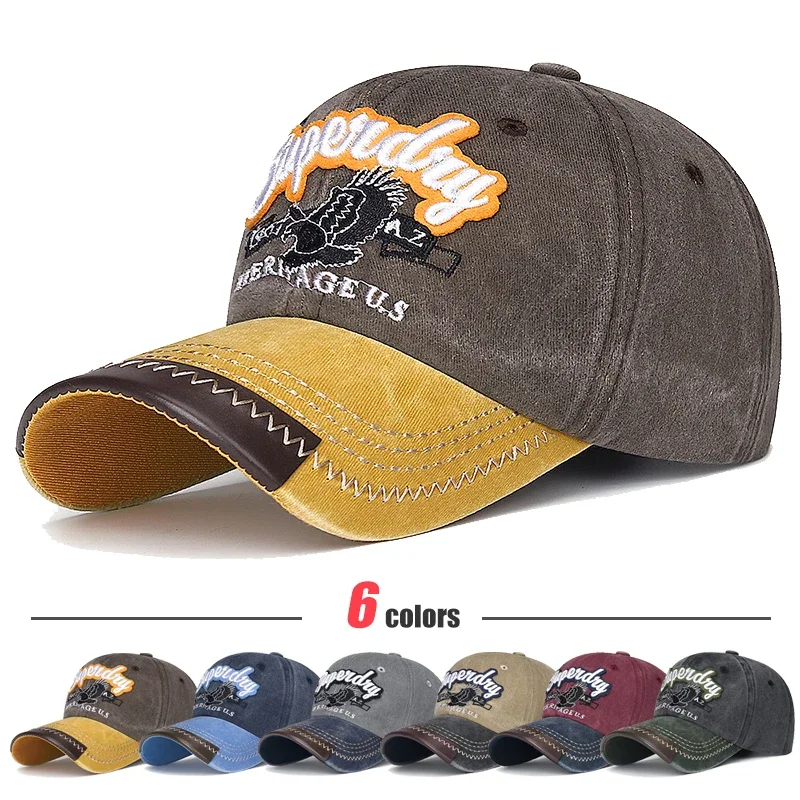 Neue Unisex-Baseballkappe aus gewaschener Baumwolle mit besticktem Adler, amerikanische Retro-Kontrastfarbe, modische Baseballkappen, lässiger Sonnenhut für Jugendliche