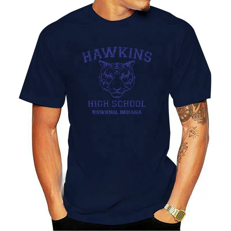 thumbnail image 1 of 539 Camiseta de manga corta para hombre de la escuela secundaria Hawkins, camiseta de cuello redondo, disfraz divertido, camiseta divertida de Stranger Tv Show Things, serigrafía personalizada, 1 of 5