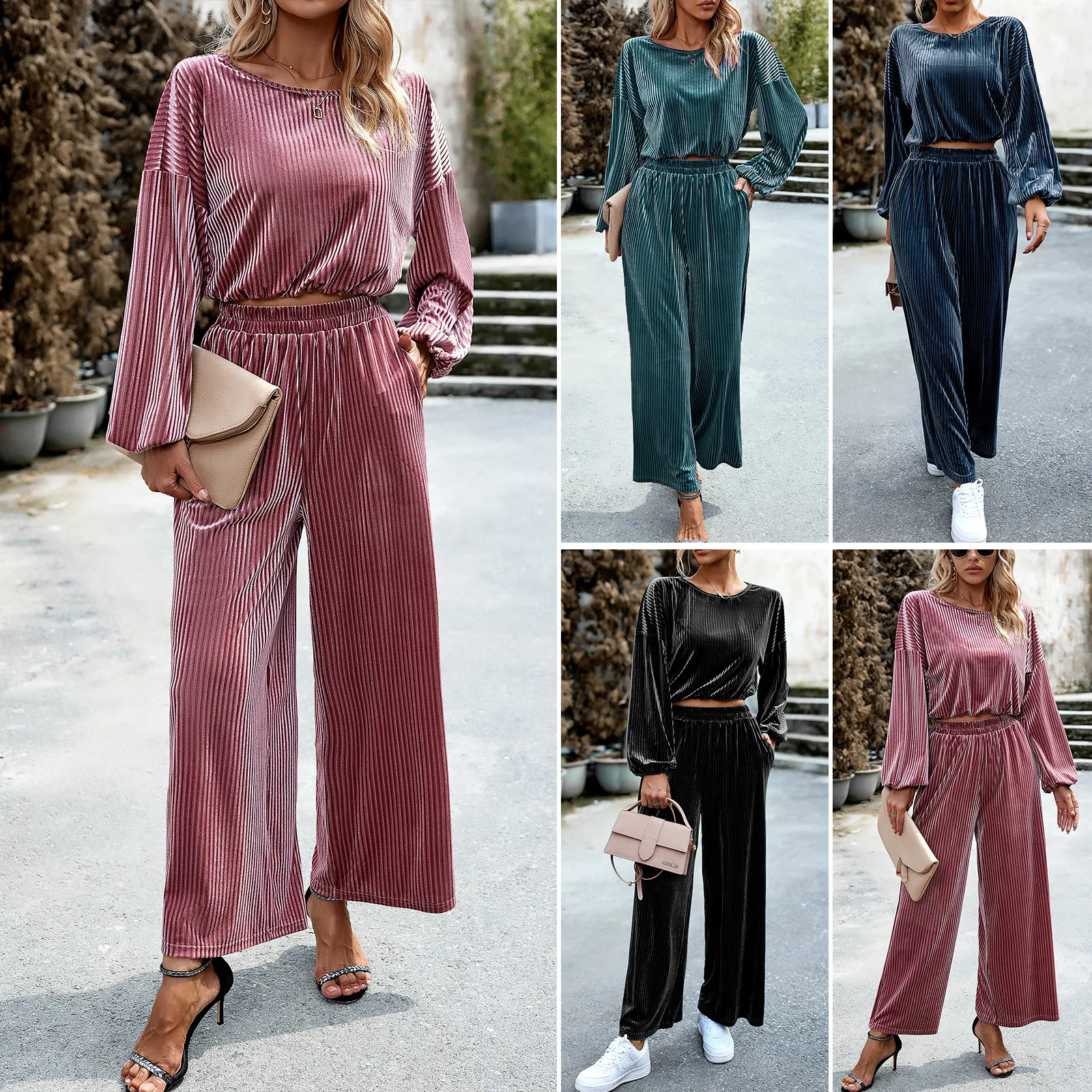 

Vintage Office Lady Solid Women Suits Loose Long Sleeve Tops Leg Wide Pants Fashion Casual Sets Autumn Winter Female Clothing