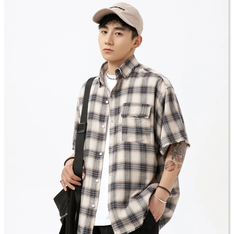 

Raw Edge Tassel Destruction Design Short Sleeve Shirt Men and Women Summer Japanese Retro Versatile Loose Plaid Blouse Jacket