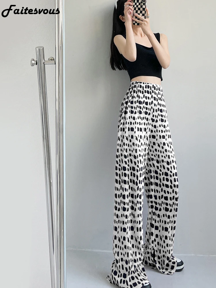 Vintage Fashion Leopard Wide Leg Pants Women Casual Drape High Waist Loose Pleated Pants Spring Summer New