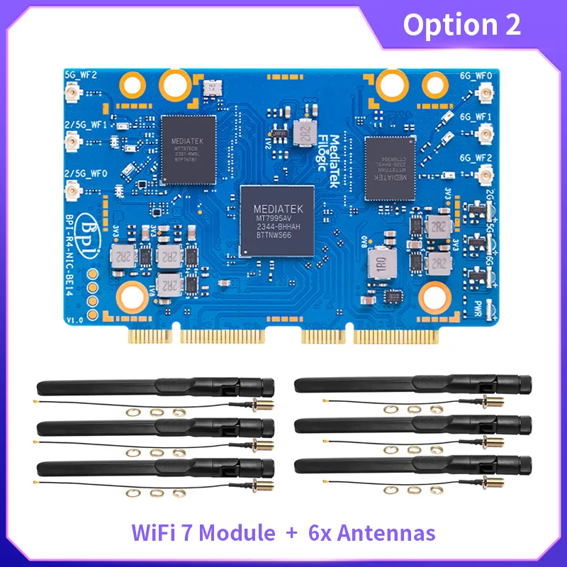 BPI-R4-NIC-BE14 WiFi 7 Module MediaTek MT7995AV Optional Antennas 32-bit RISC-V MCU 2 PCIe 3.0 Interface for Banana Pi R4 wireless module