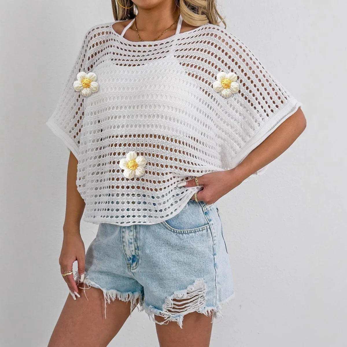 Leisure Chic Spliced Flower Knitted Cover Shirt Summer Round Neck Solid Sexy Hollow Loose Vacation Beach Women's Pullover CR3949 1