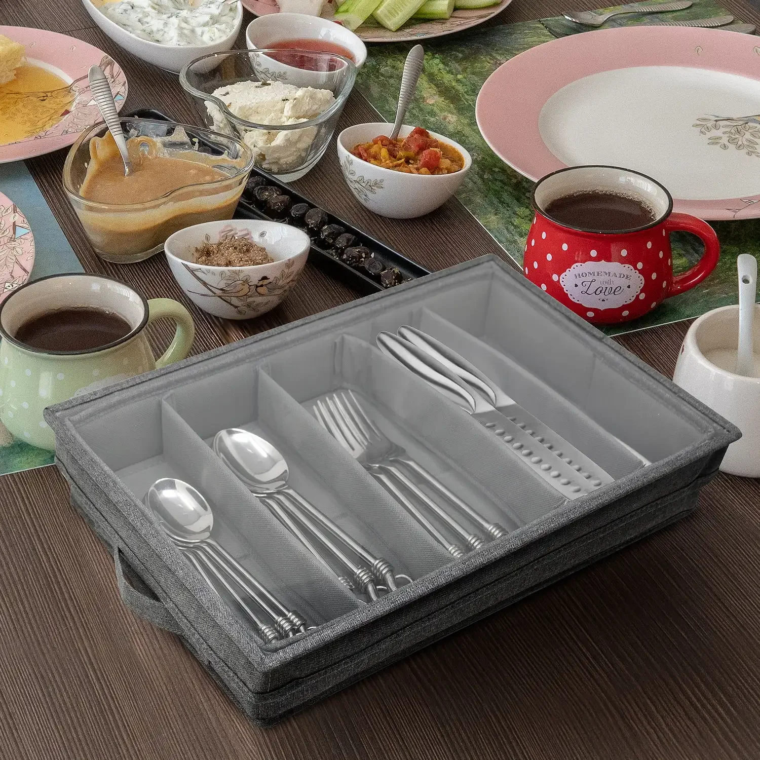 

Flatware Storage Case with Clear Lid, Great Fabric Container Box Chest for Organizing Utensils, Silverware, Flatware