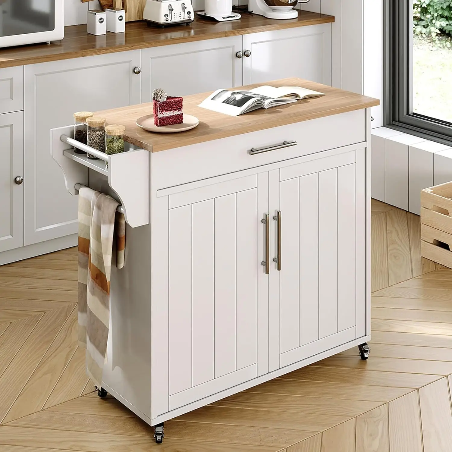 Storage Island, Wooden Rolling Kitchen Island On Wheels with Wood Top, Mobile Kitchen Island Cart with Towel Rack, Spice