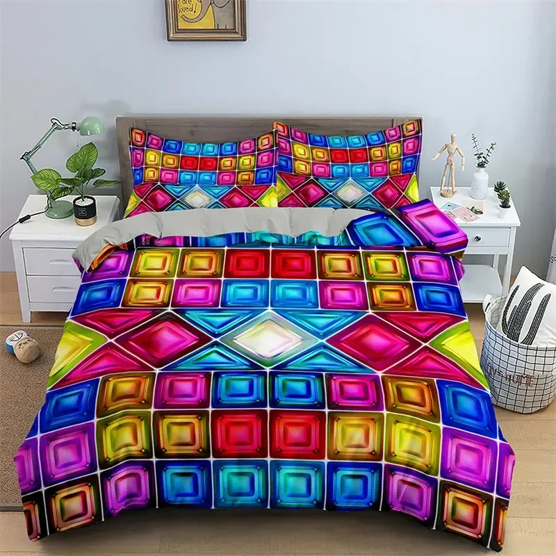Abstract Geometric Duvet Cover Microfiber Queen Bedding Set For Boys Girls Room Rainbow Plaid Print Quilt Cover With Pillowcase 4