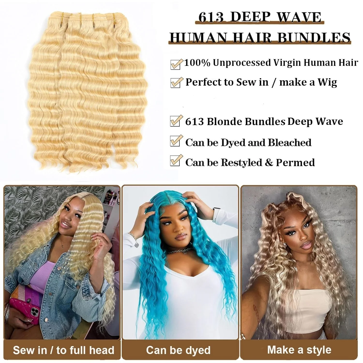 4 Curly Bundles 613 Blonde Deep Wave Human Hair Weaving Colored Human Hair Bundle Double Weft 100% Brazilian 50g
