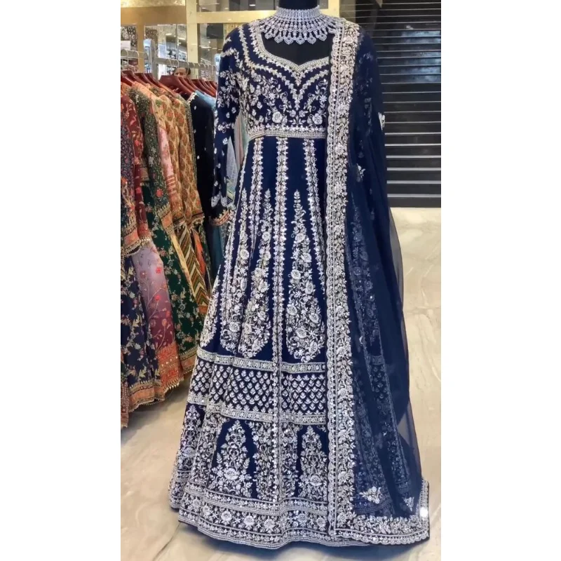 Dark Blue Indian Sally Set Wedding Gown Anarkali Salwar Kameez Party Wear Fully Stitched