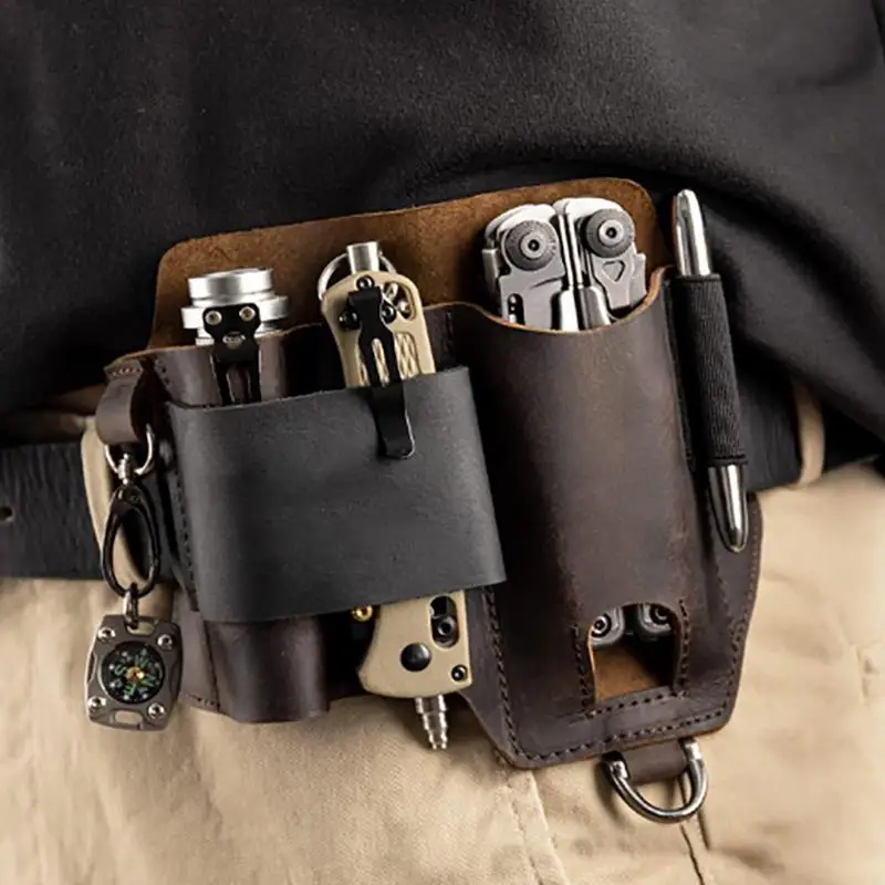 Men Leather EDCs Organizer Sheath EDCs Belt Sheath Pocket Organizer Leather Pouch With Pen Holder For Flashlight Knives Car Key 2