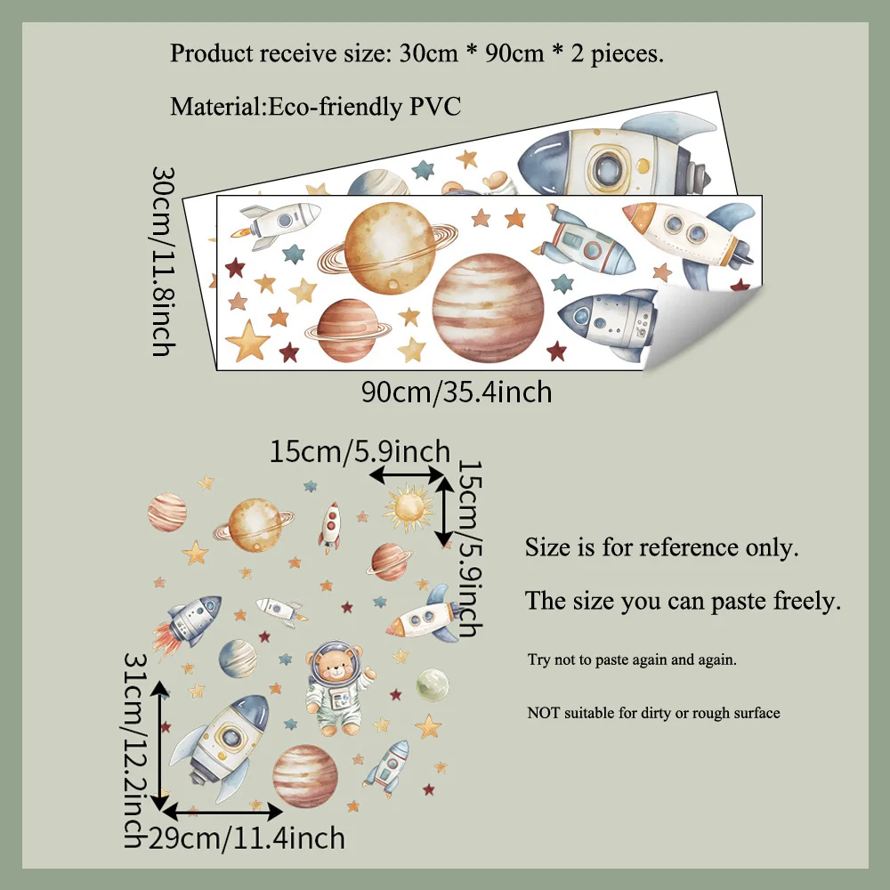 Cartoon Bear Astronaut Rocket Wall Stickers For Kids Room Background Decoration Mural Baby Bedroom Home Decor Removable Decals 3