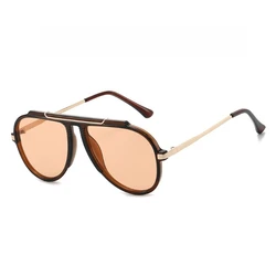 Oversized Retro Gold Metal Aviator Sunglasses - Unisex 70s Punk Square Shades (Brown champange)