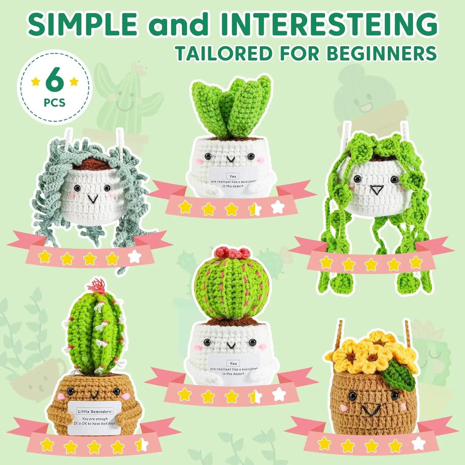 Crochet Kit for Beginners 6 PC Potted Plants and Succulent Family Crochet Kit with Accessories(40%+ Yarn)