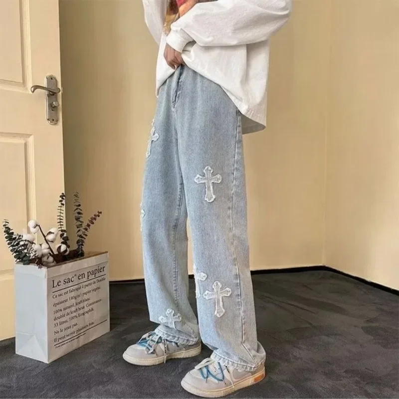 Cross Jeans Men's Washed Old Cross Baggy Jeans Fashion Brand Straight Wide Leg Denim Pants Loose Handsome Casual Jeans for Men men s denim pants fashion loose wide leg jeans casual streetwear printed cross trousers pure cotton pants baggy men jeans