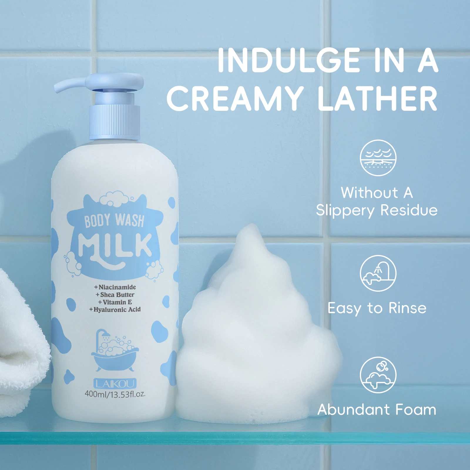 LAIKOU 400ml Milk Body Wash, Gentle Cleansing Long Lasting Moisturizing Milk Fragrance Shower Gel With Niacinamide & Shea Butter