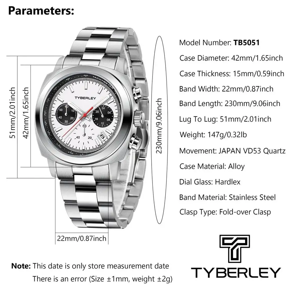 TYBERLEY Mens Watch 2024 New Chronograph Japan VD53 Movt Quartz