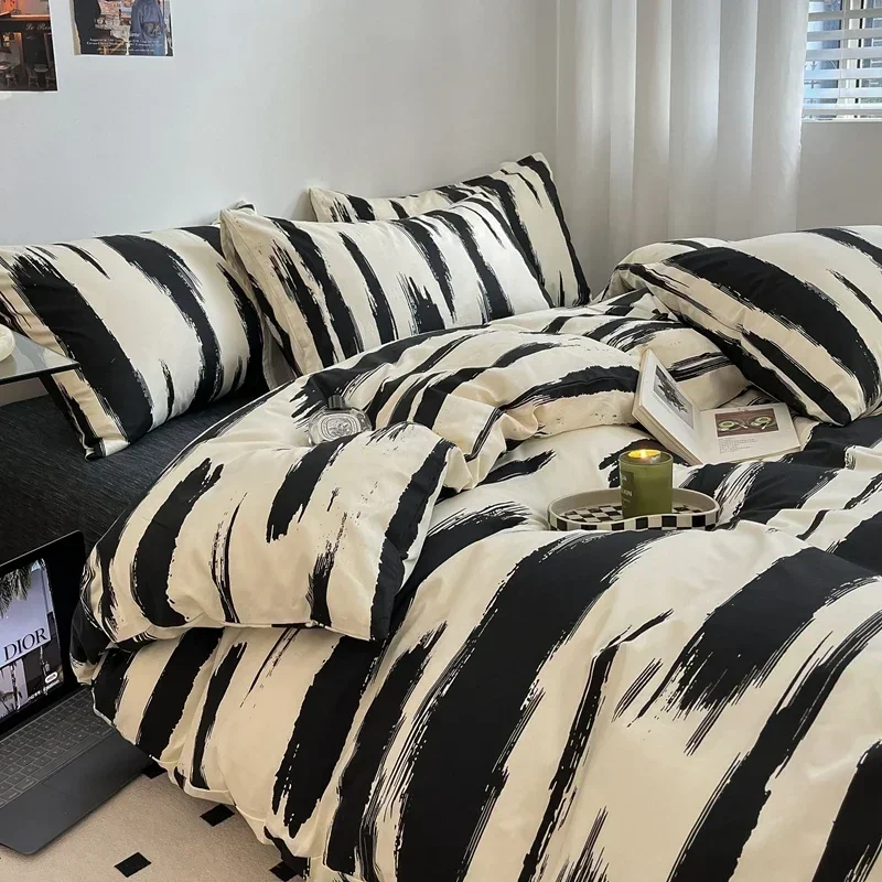 

New Black Ink Abstract Stripes Duvet Cover Flat Sheet Pillowcase Cotton Soft Geometric Bedding Set 3/4pc Nordic Simple Bed Linen