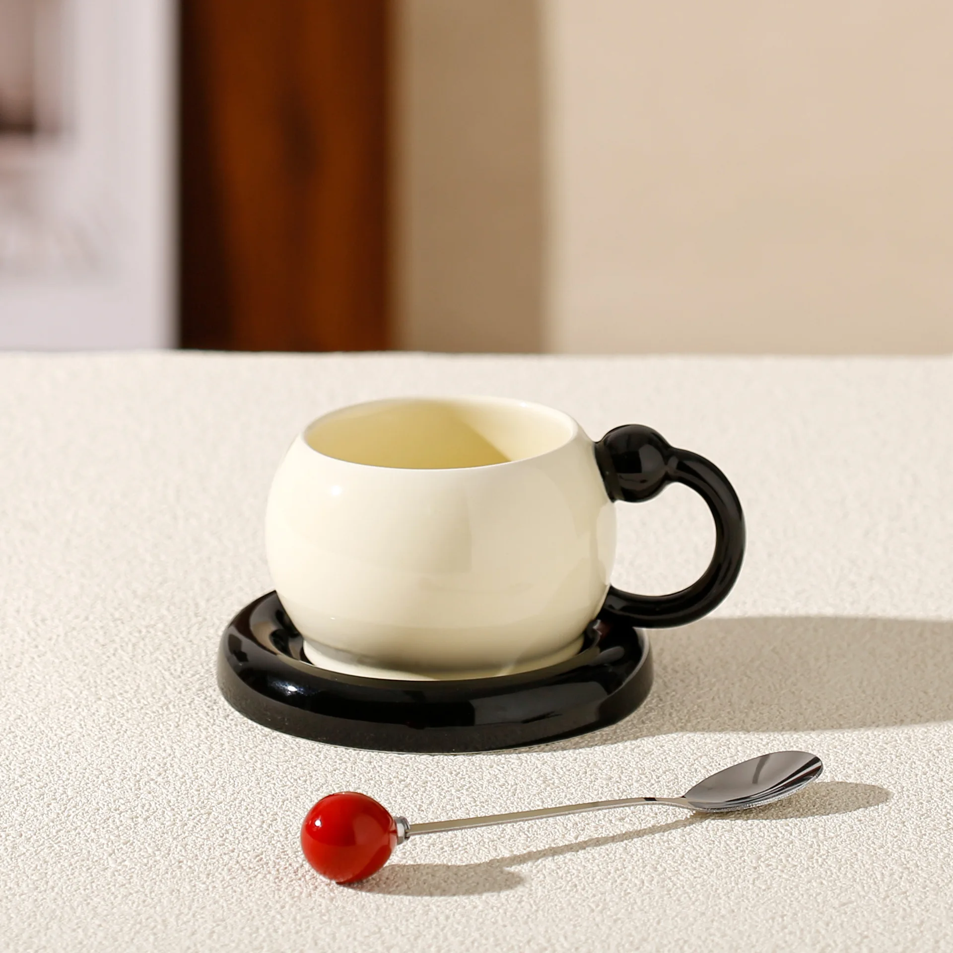طقم قهوة وشاي سيراميك فاخر 180 مل مع صحن وملعقة -...