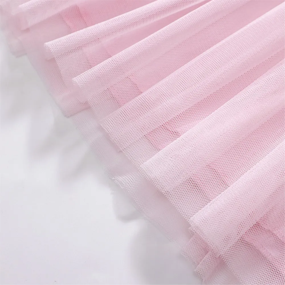 2025 Summer New Kids Clothes Baby Girls Children's Clothing Pink Embroidered Cartoon Cats Mesh Dresses 2-7 Years