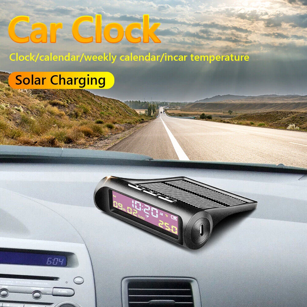 Car Clock Car Voltmeter Thermometer Car Clock Thermometer AN01 Solar LCD Car Digital Clock With Date Week Time Inner Temperature Display Voltage Meter Solor Charging