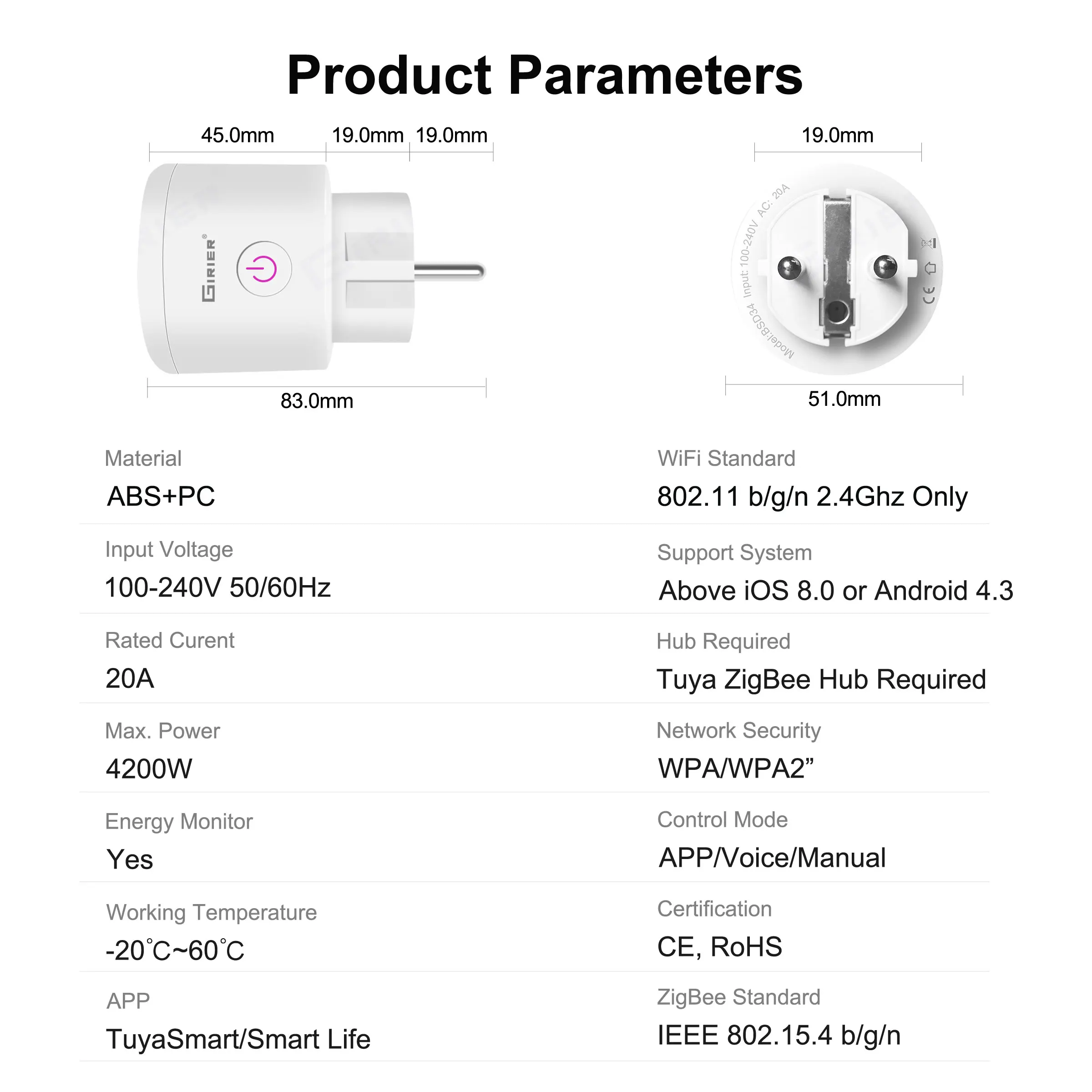 Girier Tuya Zigbee Plug 20a Tomada Inteligente ue com Função de Monitoramento de Energia Temporizador 4200w Funciona com Alexa Alice Hey Google - Image 2