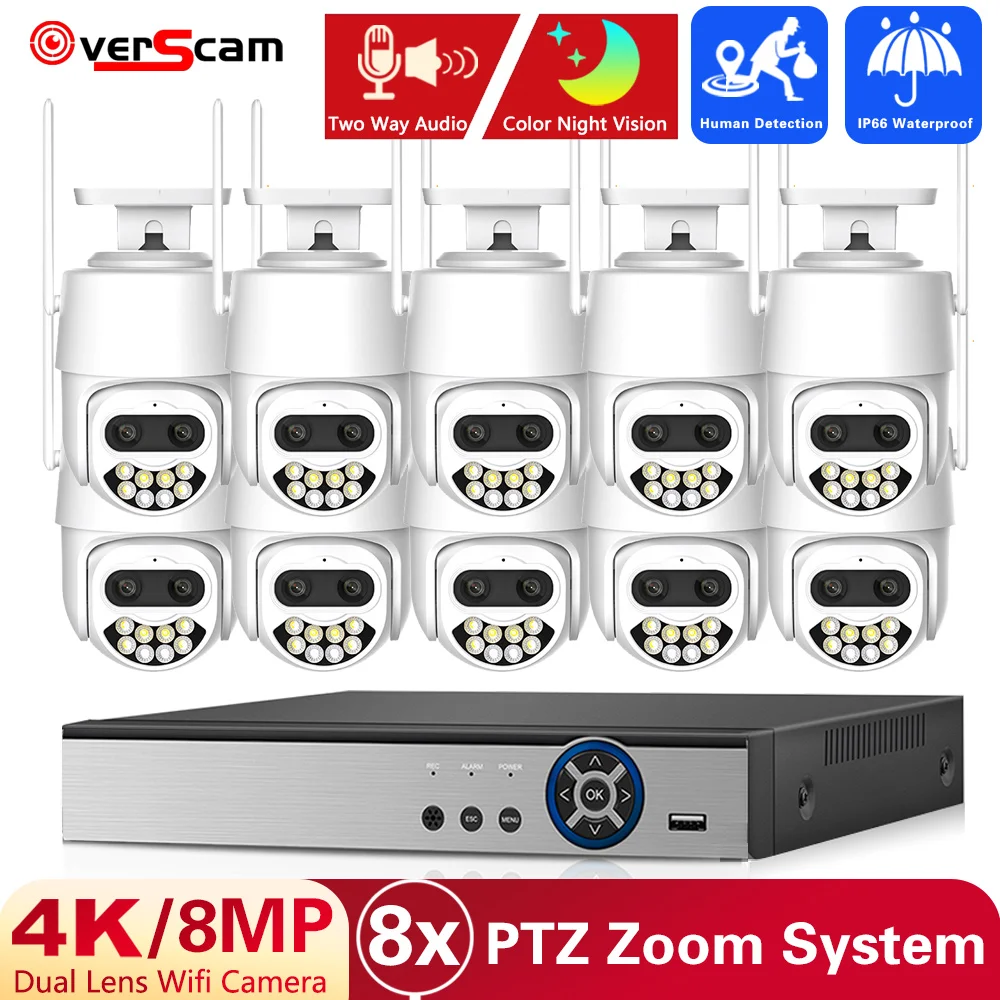 

10CH 4K Ultra HD 8X Hybrid Zoom Dual Lens PTZ Camera Outdoor AI Human Detection 4K 8MP HD CCTV Video Surveillance 8CH Set Kits