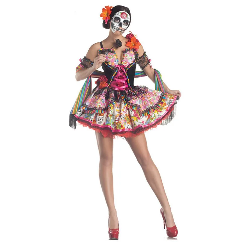 

Halloween Women Sexy Sugar Skull Flower Fairy Ghost Vampire Bride Fancy Dress Skeleton day of The Dead Carnival purim Costume