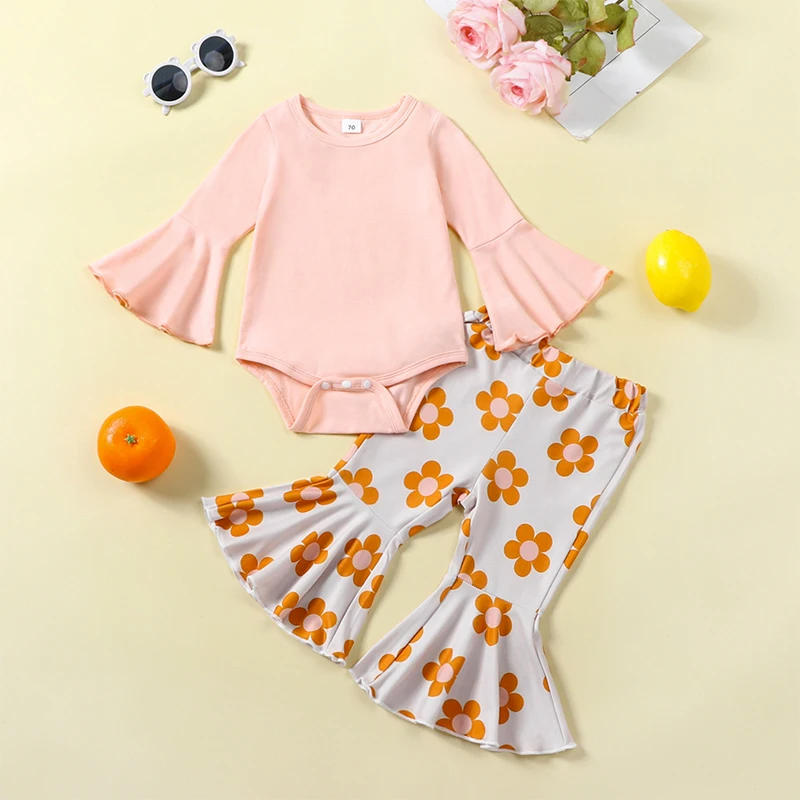 

2023-06-04 Lioraitiin 0-24M Newborn Baby Girls 2Pcs Fall Sets Pink Long Flared Sleeve Romper Floral Flared Pants Sets