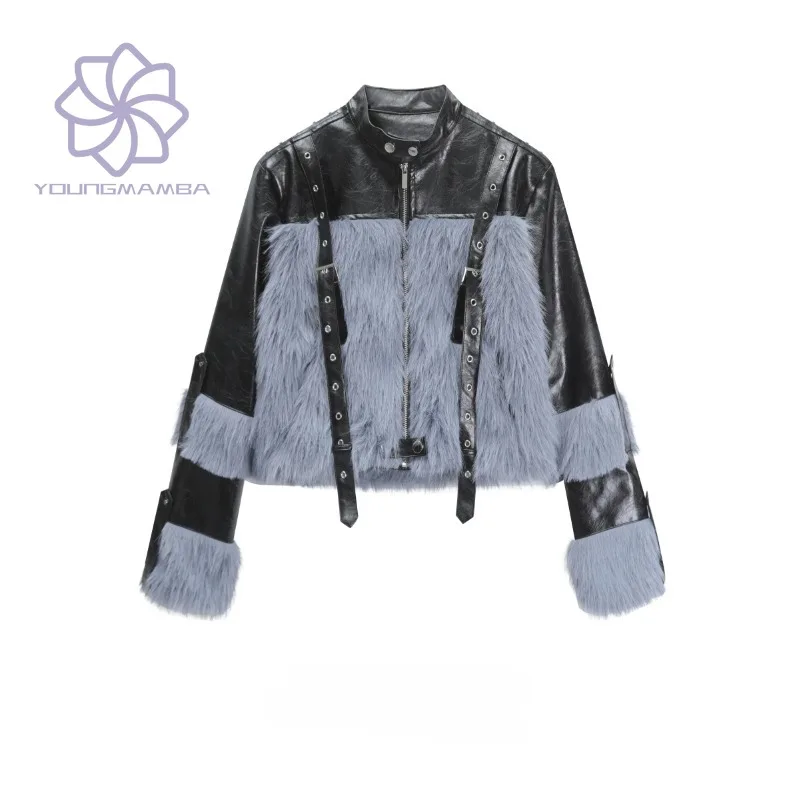 

Long Sleeve Blue PU Leather Fur Coat Women 2023 Winter New Korean Fashion Warm Top Female Cool Spicy Girl Short Jackets