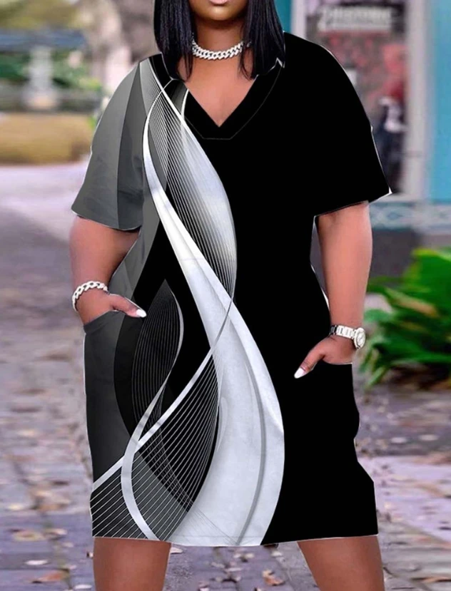 

Dresses for Women 2023 Plus Size Tie Dye Colorblock 3D Print Striped Colorblock Pocket Detail V-Neck Short Sleeve Casual Dress