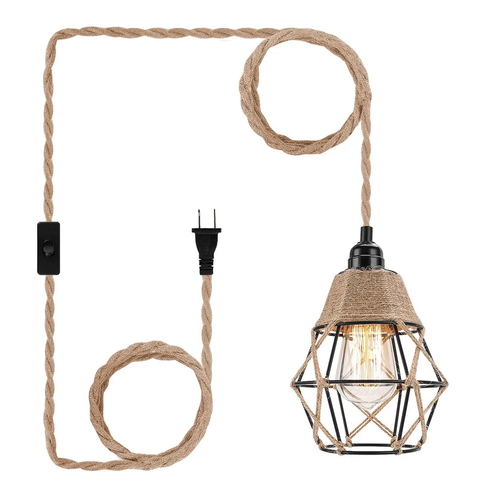 

Industrial Plug in Pendant Light Cord Hemp Rope Hanging Lamp Farmhouse Lighting Fixtures with On/Off Switch for Kitchen Bedroom