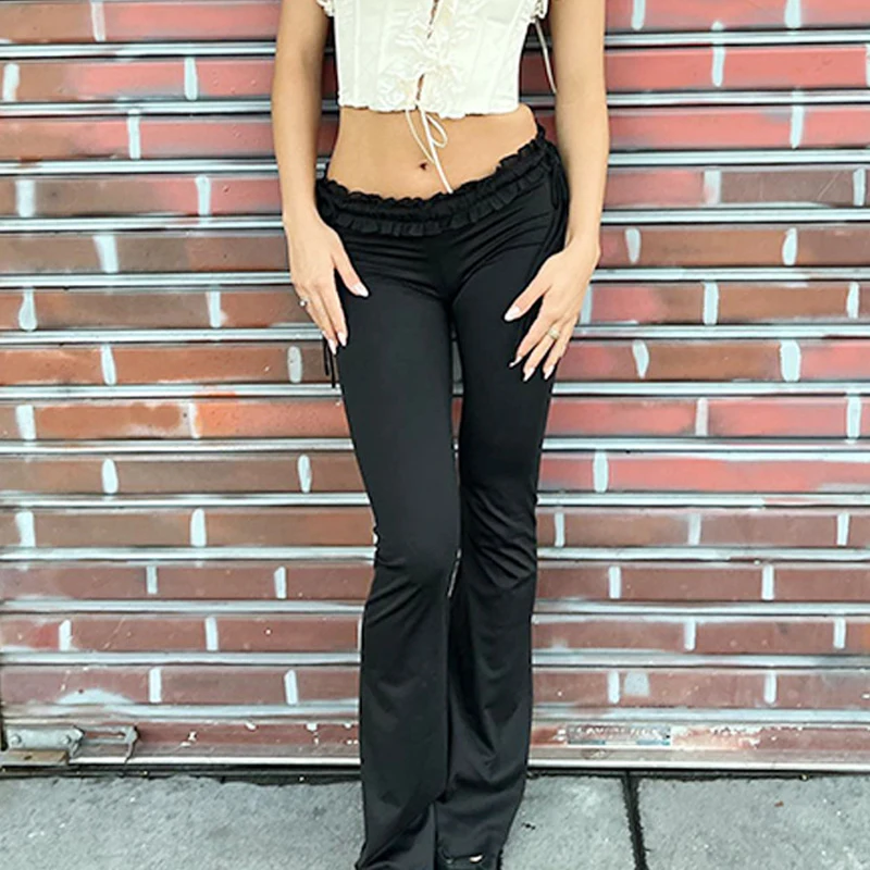 Goth Dark Y2k Ruffles Low Waist Sexy Women Pants Gothic Skinny Fashion Boot Cut Trousers Grunge Female Skinny Streetwear Autumn heavy industry stretch ruffles pearl beaded jeans women high waist flare jeans elegant bell denim pants female slim trousers