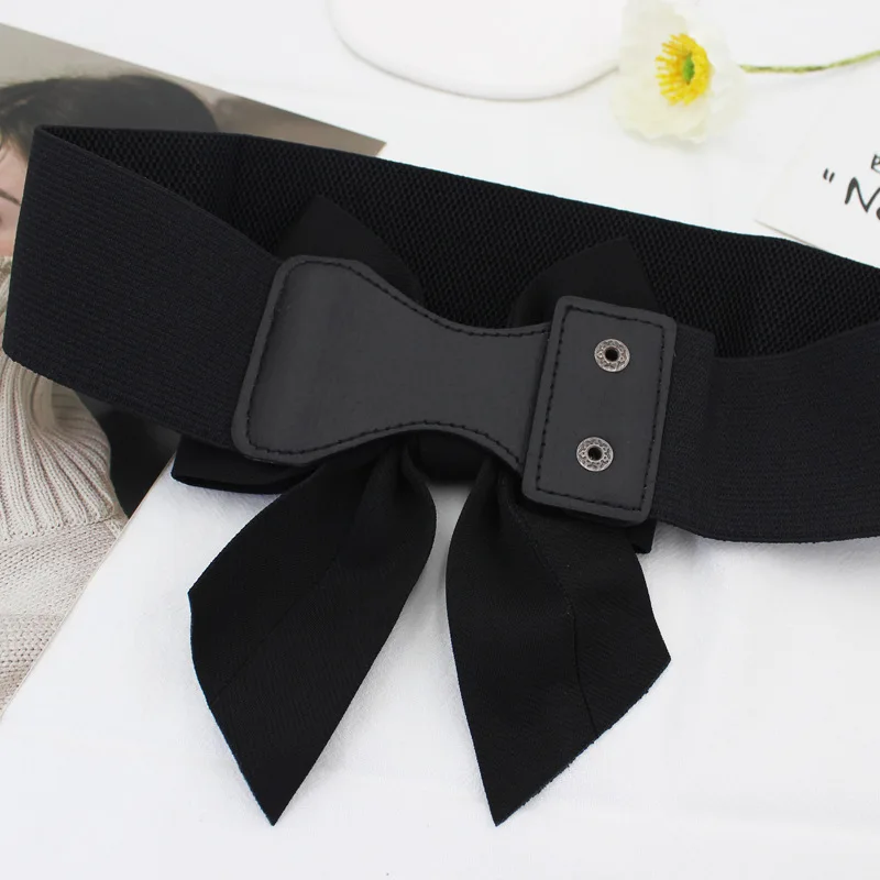 New Fashion Elegant Large Bow Elastic Belts for Women Wide Side Belt Dress Female Jeans Waistband Trouser Accessory