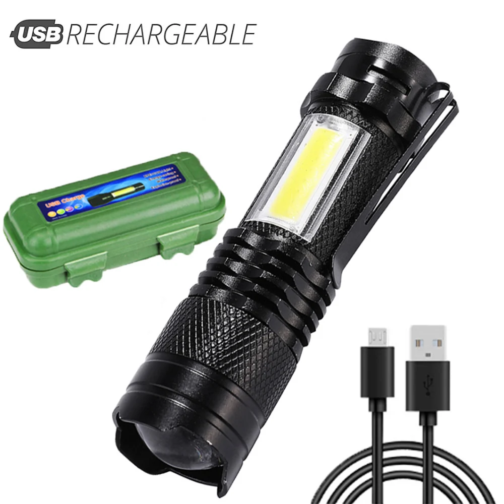 

Mini Portable Flashlights Built in Battery USB Charging LED Flash Light COB 2000 Lumens Zoomable Waterproof Tactical Torch Lamp